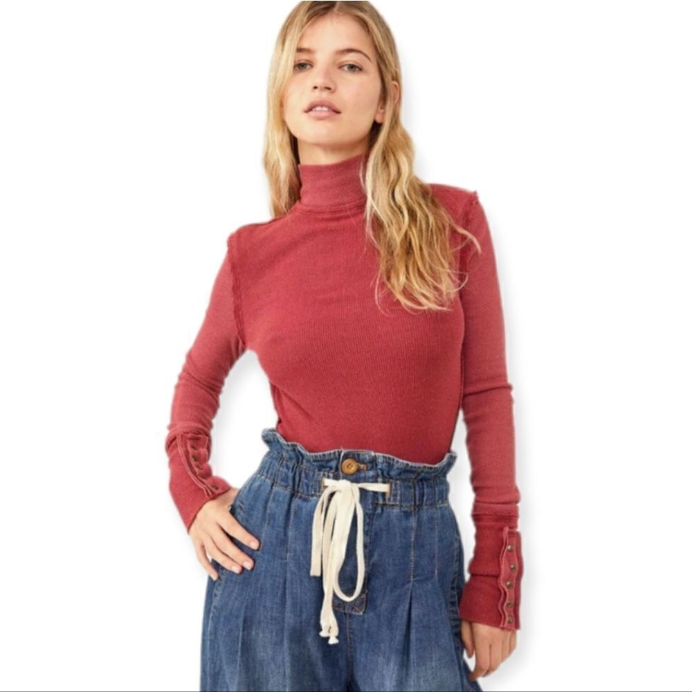 NWT Free People Jojo Long Sleeve Thermal Tee Size Medium In Off Beat Red